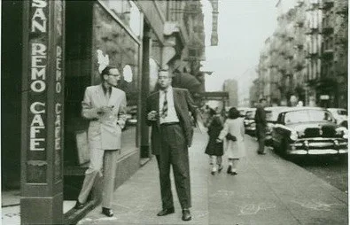 Williams S. Burroughs (left) and poet Alan Ansen outside the Bleecker and MacDougal Street entrance. Image courtesy of Ephemeral New York
