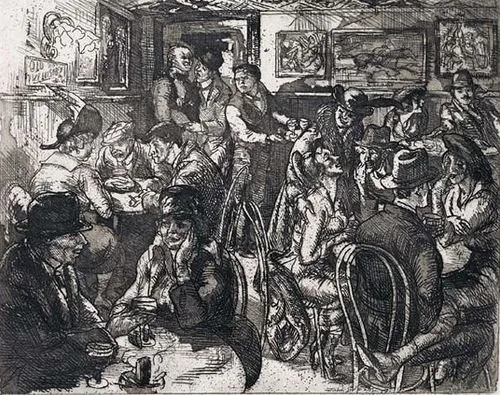 John Sloan's rendition of the tavern with Eugene O'Neill is in the upper right corner. Image courtesy of The Bowery Boys.